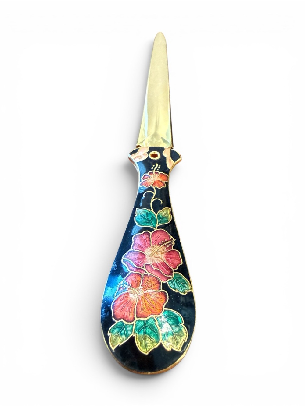 Vintage Cloisonné Letter Opener Hibiscus Floral Enamel Desk Accessory w/Box - Picture 1 of 5